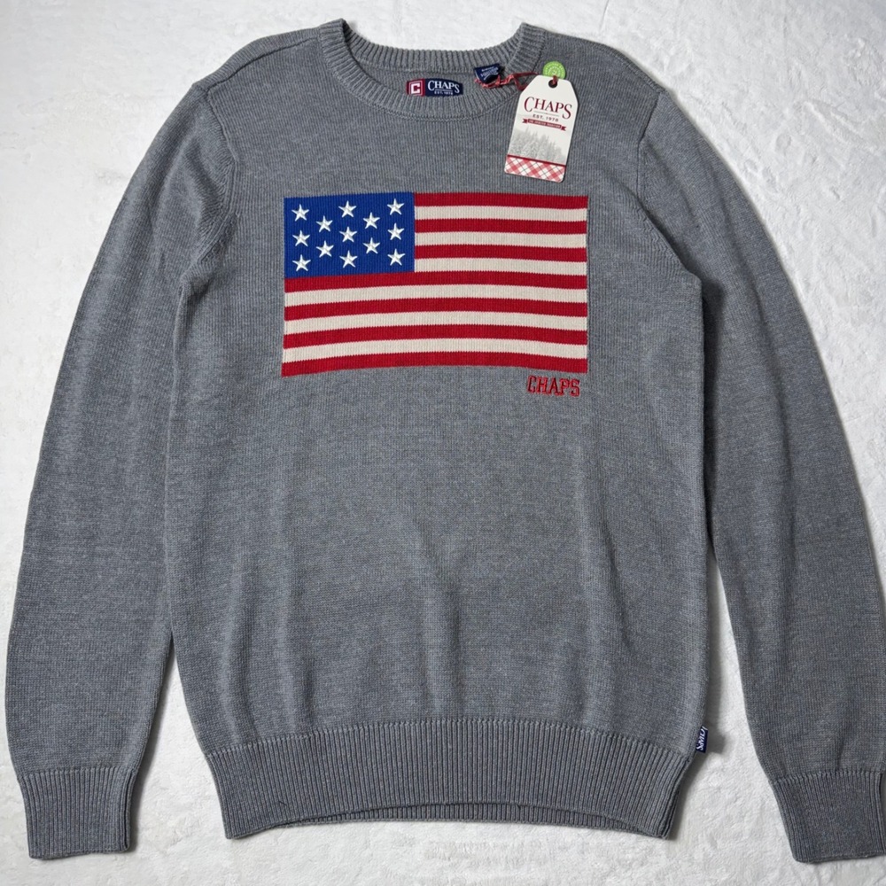 Chaps Mens Size Small Gray American Flag Crewneck Sweater Patriotic USA Knit NWT